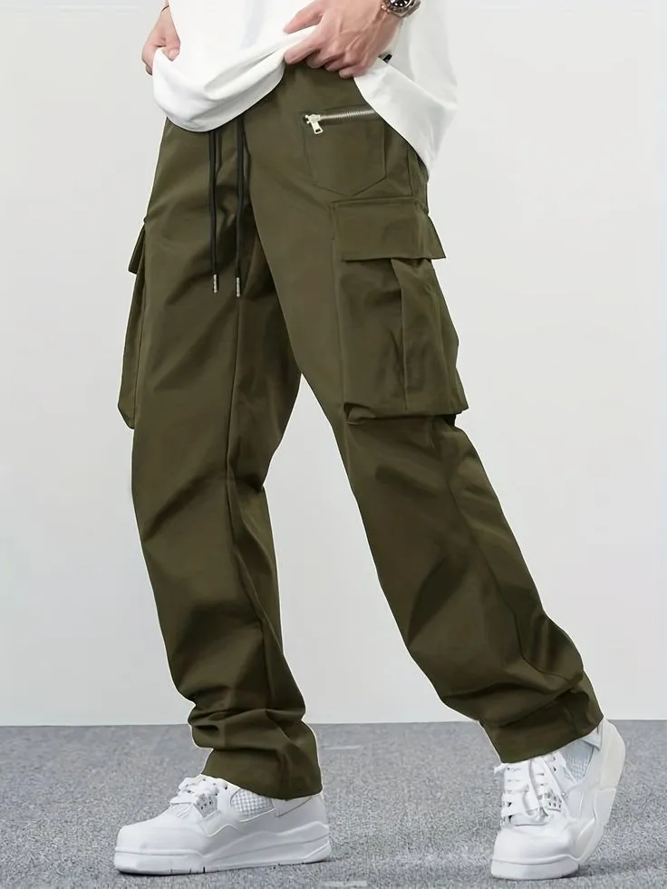 Men's Urban Techwear Loose-Fit Cargo Trousers – Olive Green