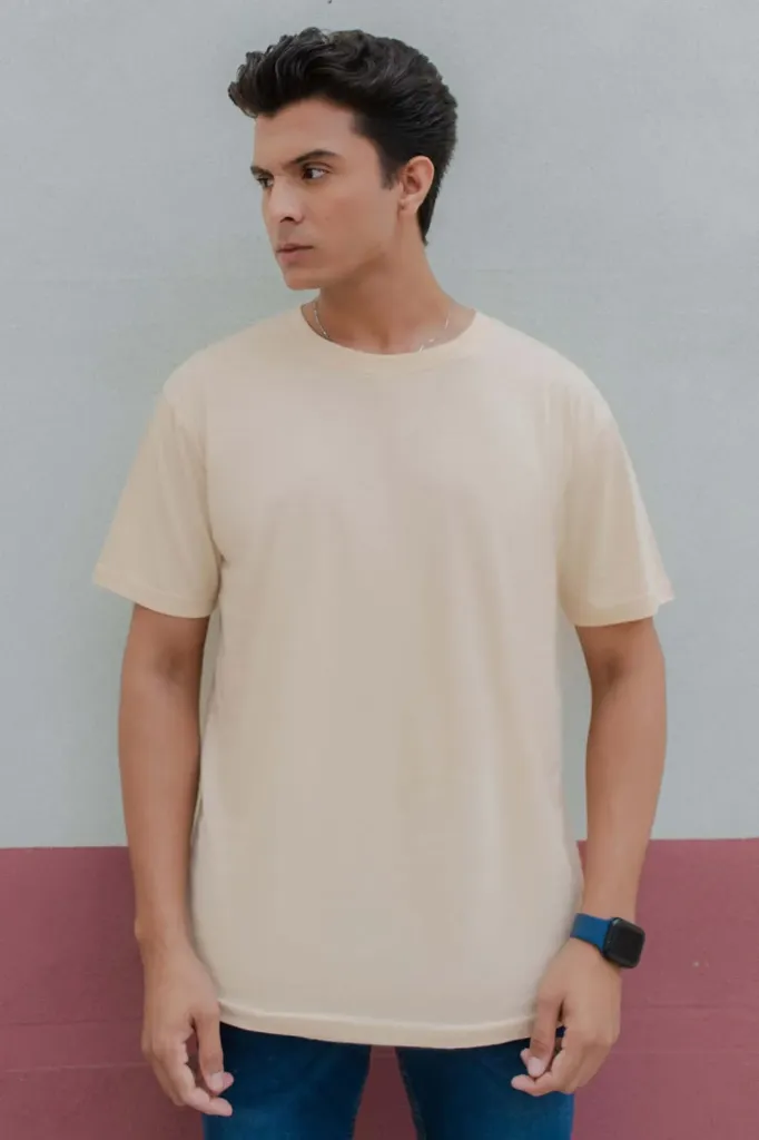 Men’s Essential Aesthetic Beige Crew Neck T-Shirt (Small, Off white)